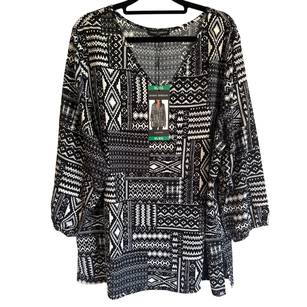 Mario Serrani V-Neck Top XL Black White Geometric Patchwork 3/4 Sleeve Blouse